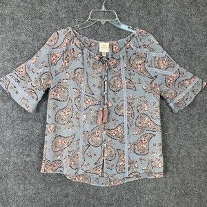 Knox Rose Semi Sheer Button Up Blouse Women XS Blue Floral Boho Tassel Tie